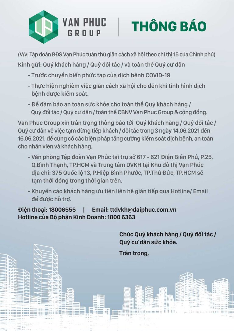 Vạn Phúc Group tuân thủ giãn cách xã hội theo chỉ thị 15 của chính phủ