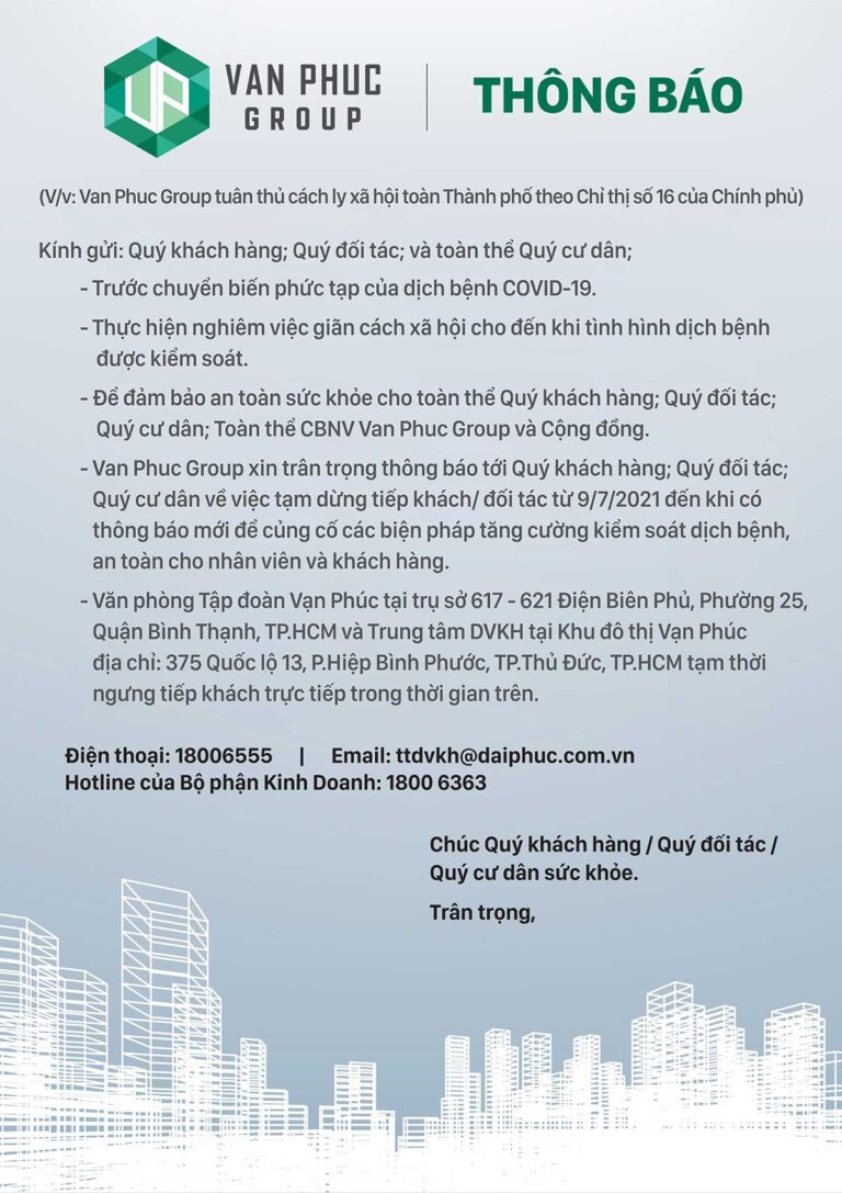 Vạn Phúc Group tuân thủ cách ly xã hội theo chỉ thị số 16 của chính phủ